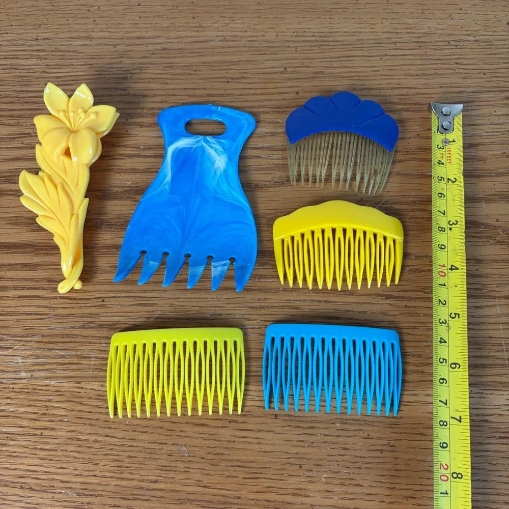 Vintage 80s 90s Hair Accessory Lot 6pc Floral Clip Blue Yellow